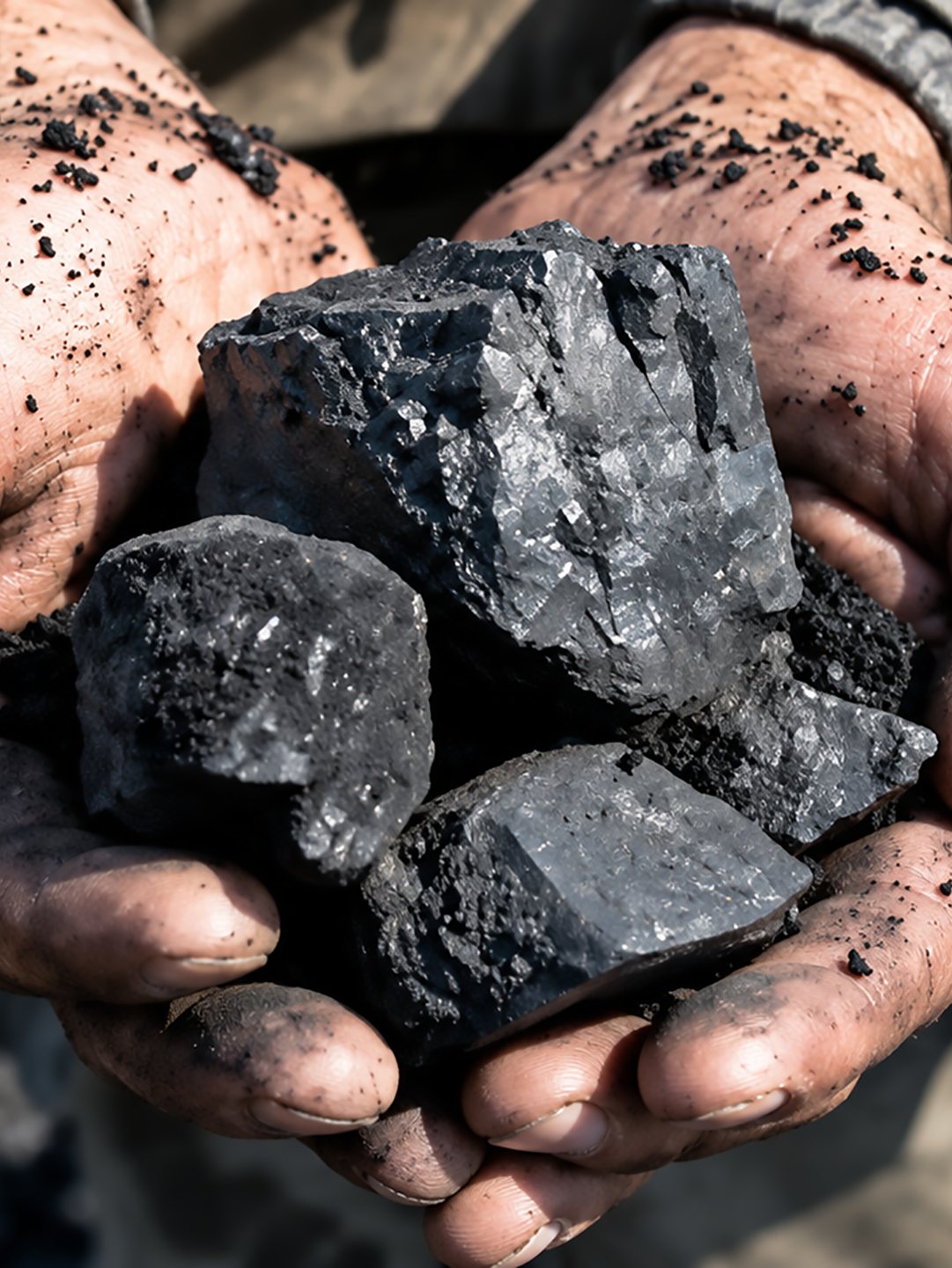 Hands holding a block of mineral coal
